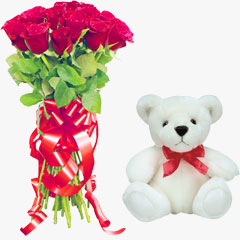 Online lovely pink roses basket with sweet teddy to Pune, Express Delivery  - PuneOnlineFlorists